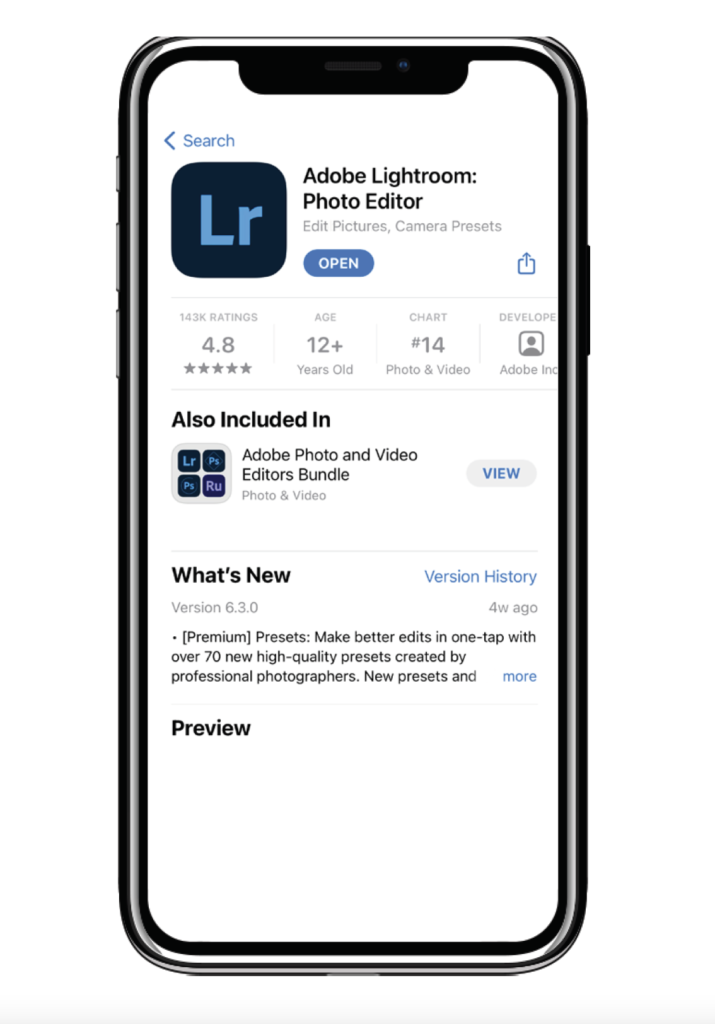 Showing the Adobe Lightroom app